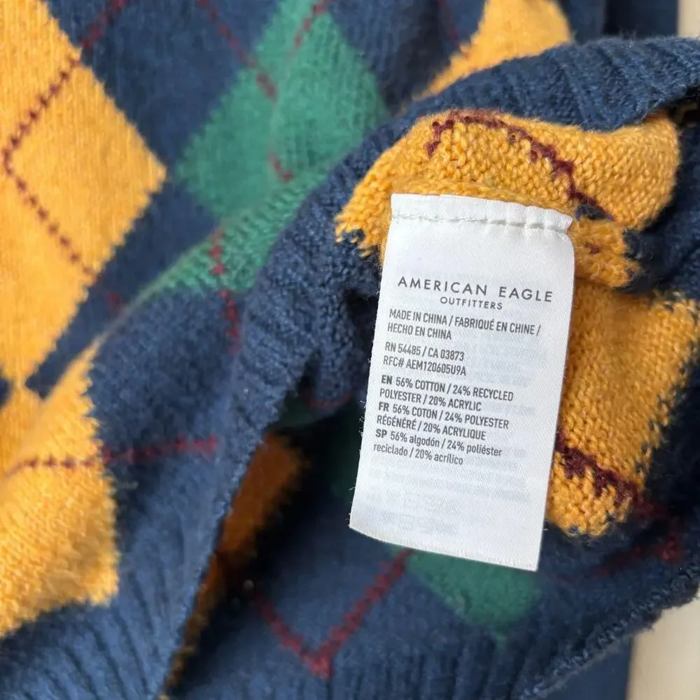 American Eagle Academia School Argyle Navy Blue Sweater Medium